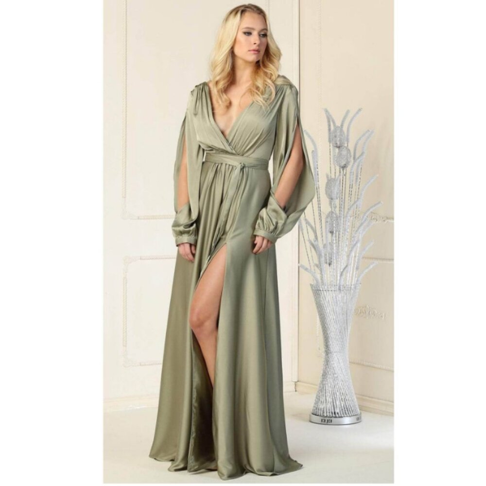 Olive Long V-Neck Split Long Sleeves A-Line Dress By May Queen MQ1857